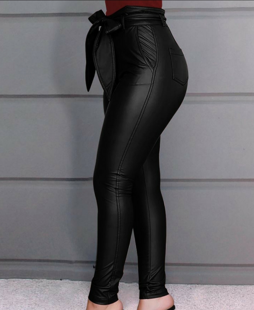 Paperbag Waist Faux Leather Pants - Picture 4 of 8